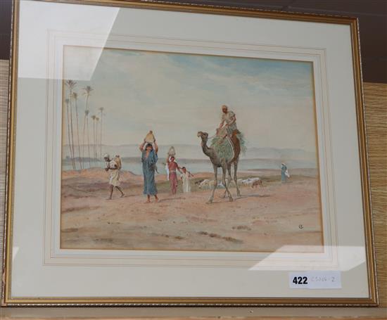 Frederick Goodall, watercolour, Arab riding a camel and herdsmen driving sheep, monogrammed, 28 x 38cm